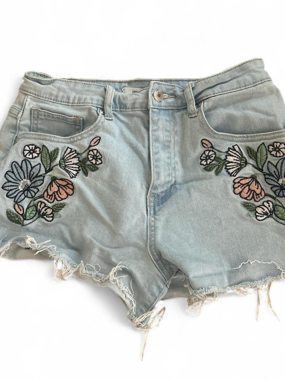 Forever 21 Light Wash Denim Shorts with Pink & Green Embroidered Florals